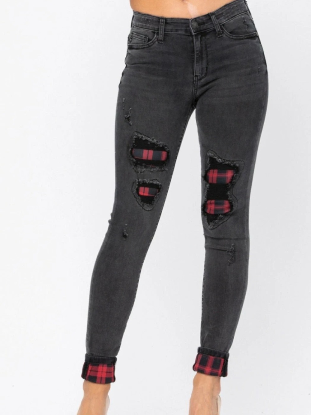 NWT Judy Blue Jeans Size 5/27 Buffalo Plaid Patch Skinny Distressed